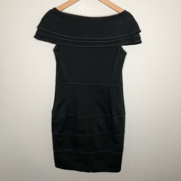TADASHI Shoji Black Cap Sleeve Asymmetrical Neckline Stitch Detail Dress Size 10 - Picture 8 of 8
